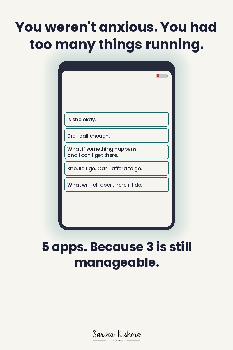Illustrated phone with 5 thought loops running on screen and critically low battery — caregiver mental load