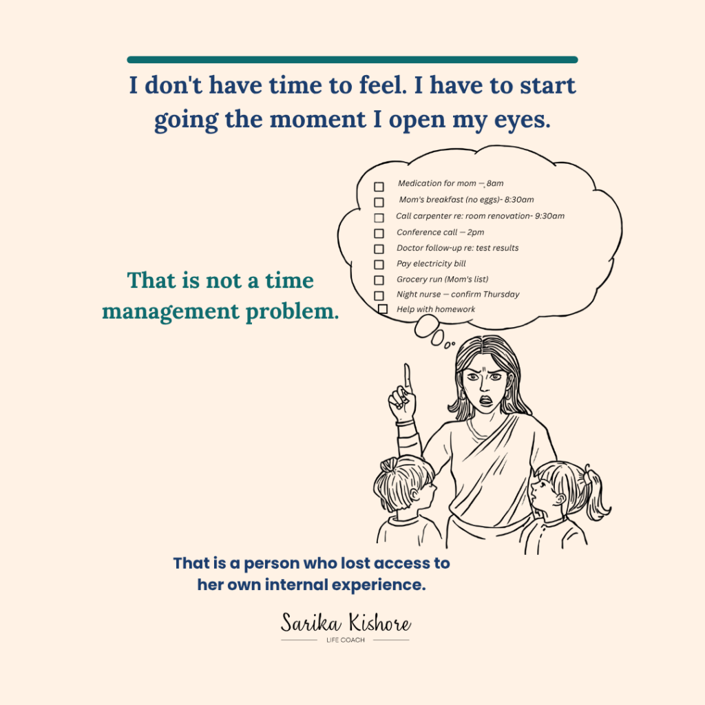 Line illustration of a woman snapping at her children with a thought bubble showing a packed to-do list, representing live-in caregiver stress and emotional depletion