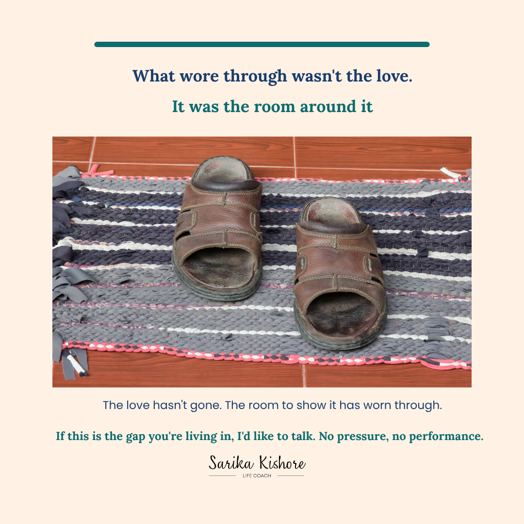 Illustration of worn sandals on a woven rug at a doorway, representing how the love has not gone but the room to show it has worn through.