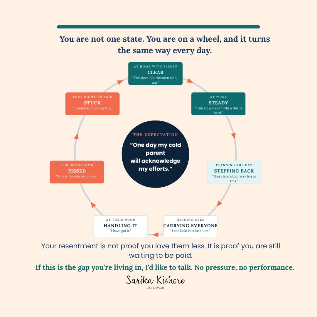 Caregiver wheel graphic: resentment toward a difficult elderly parent is the sign of still waiting to be acknowledged